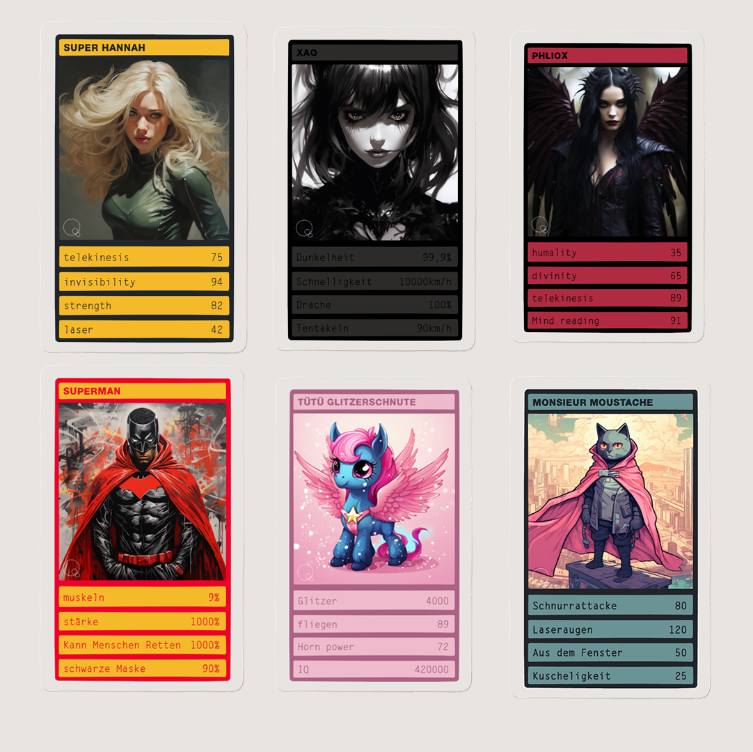 6 trumpf spielkarten mit bildern von superheld*innen die mithilfe der KI von Midjourney generiert wurden